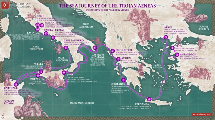 Bản đồ minh họa chi tiết hành trình di chuyển của Aeneas và cội nguồn thần thoại của thành Rome