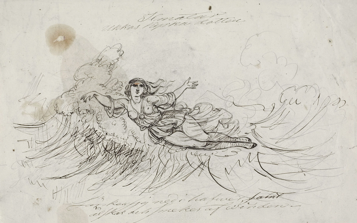 Bức phác họa một người phụ nữ trôi nổi trên những ngọn sóng bọt biển vươn tay điều khiển mặt nước