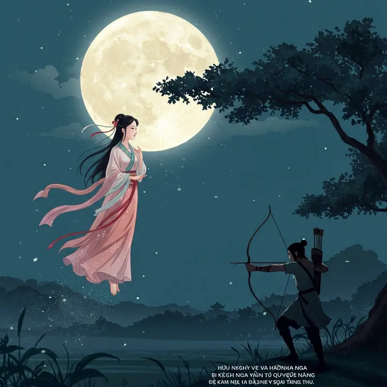 Cảnh tượng Hậu Nghệ dũng mãnh dùng cung tên thần bắn hạ những mặt trời đang thiêu đốt trái đất