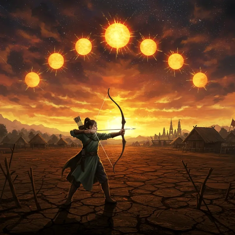 Hậu Nghệ giương cung thần nhắm bắn các mặt trời trên bầu trời rực lửa để cứu nhân loại