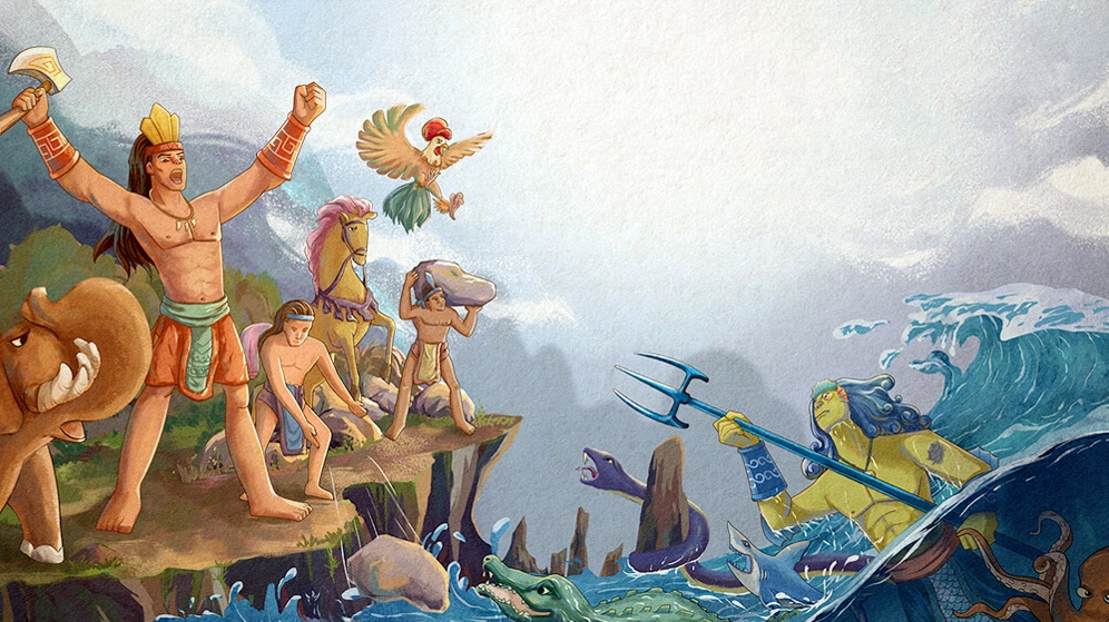 Hình ảnh hai vị thần Sơn Tinh và Thủy Tinh đối đầu gay gắt