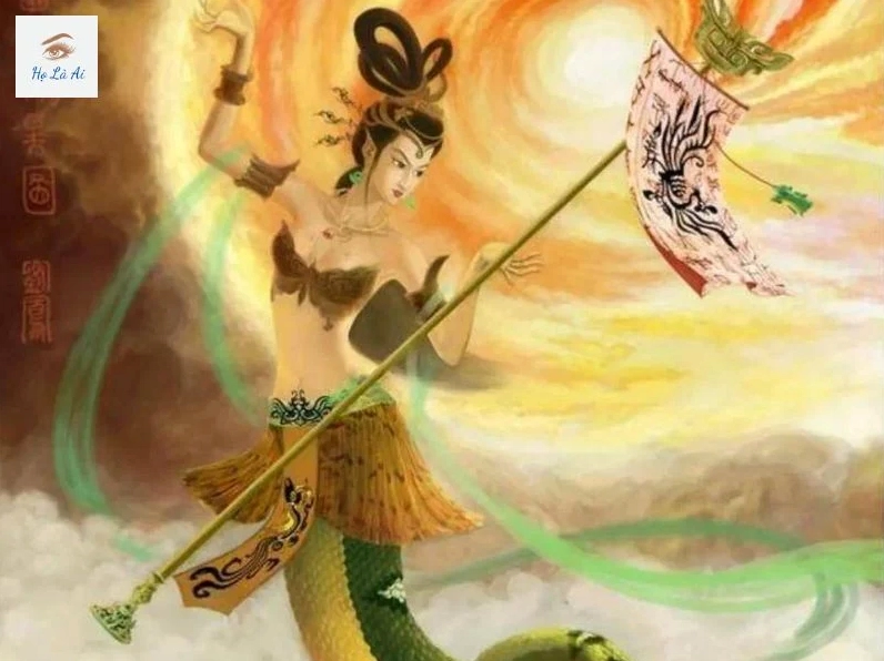 Hình ảnh vị nữ thần uy nghi đang luyện đá ngũ sắc