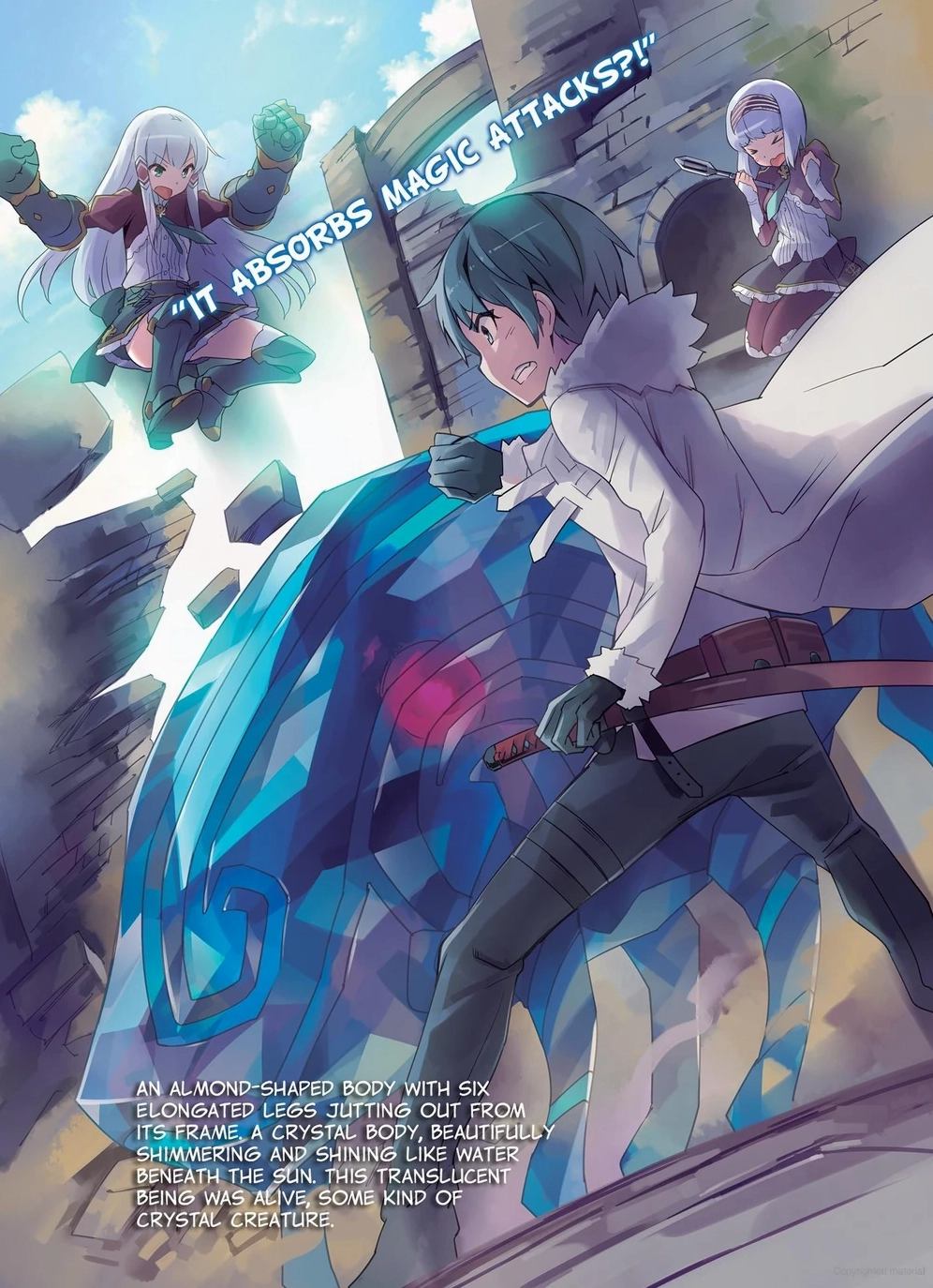 Minh họa các nhân vật đối mặt với sinh vật kết tinh pha lê